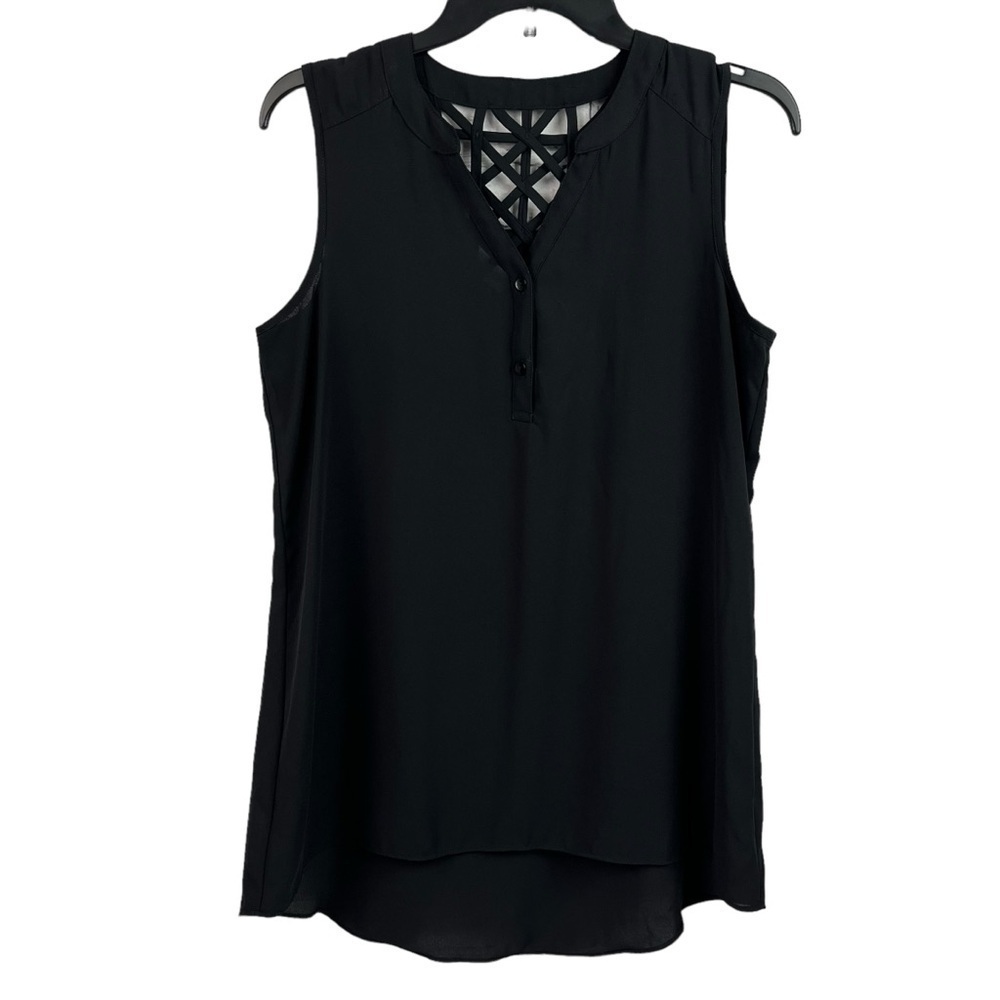 IZ Byer Womens Semi Sheer Blouse High Low Black Sleeveless Top Medium